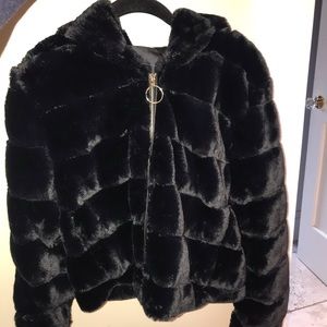 Forever 21 bomber fur jacket with hood